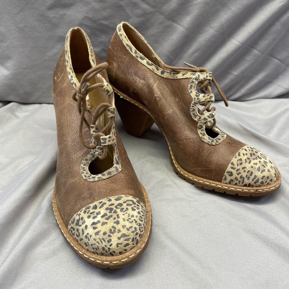 Vintage Schuler & Sons Anthropologie‎ Leather Leopard Lace Up Oxford Heels 7.5 B
